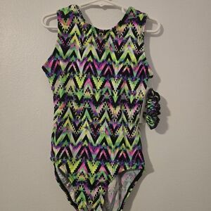NWT Aero Leotard Gymnastics Dance AXS With Scrunchie Green Multi-Color